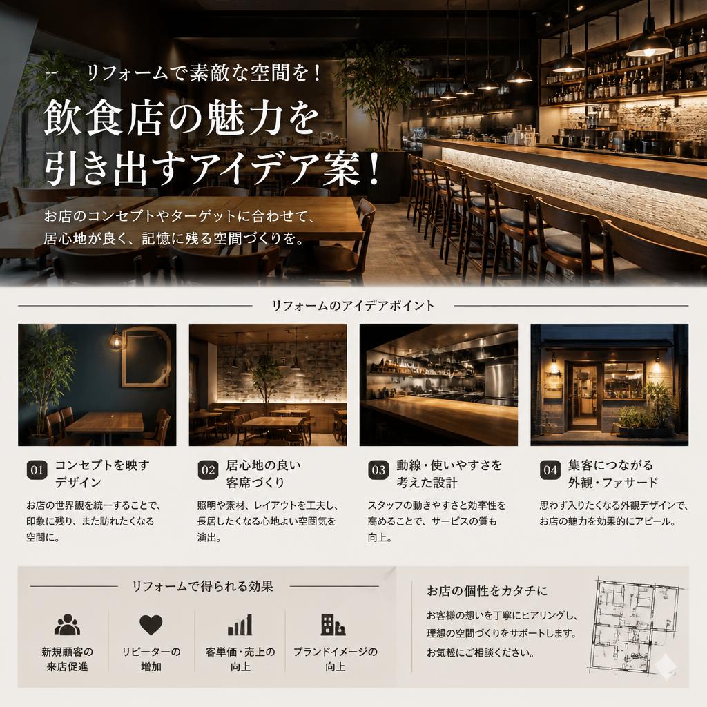 リフォームで素敵な空間を！ 飲食店の魅力を引き出すアイデア案！