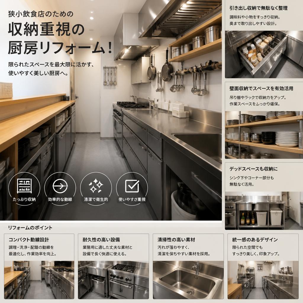 狭小飲食店のための収納重視の厨房リフォーム！