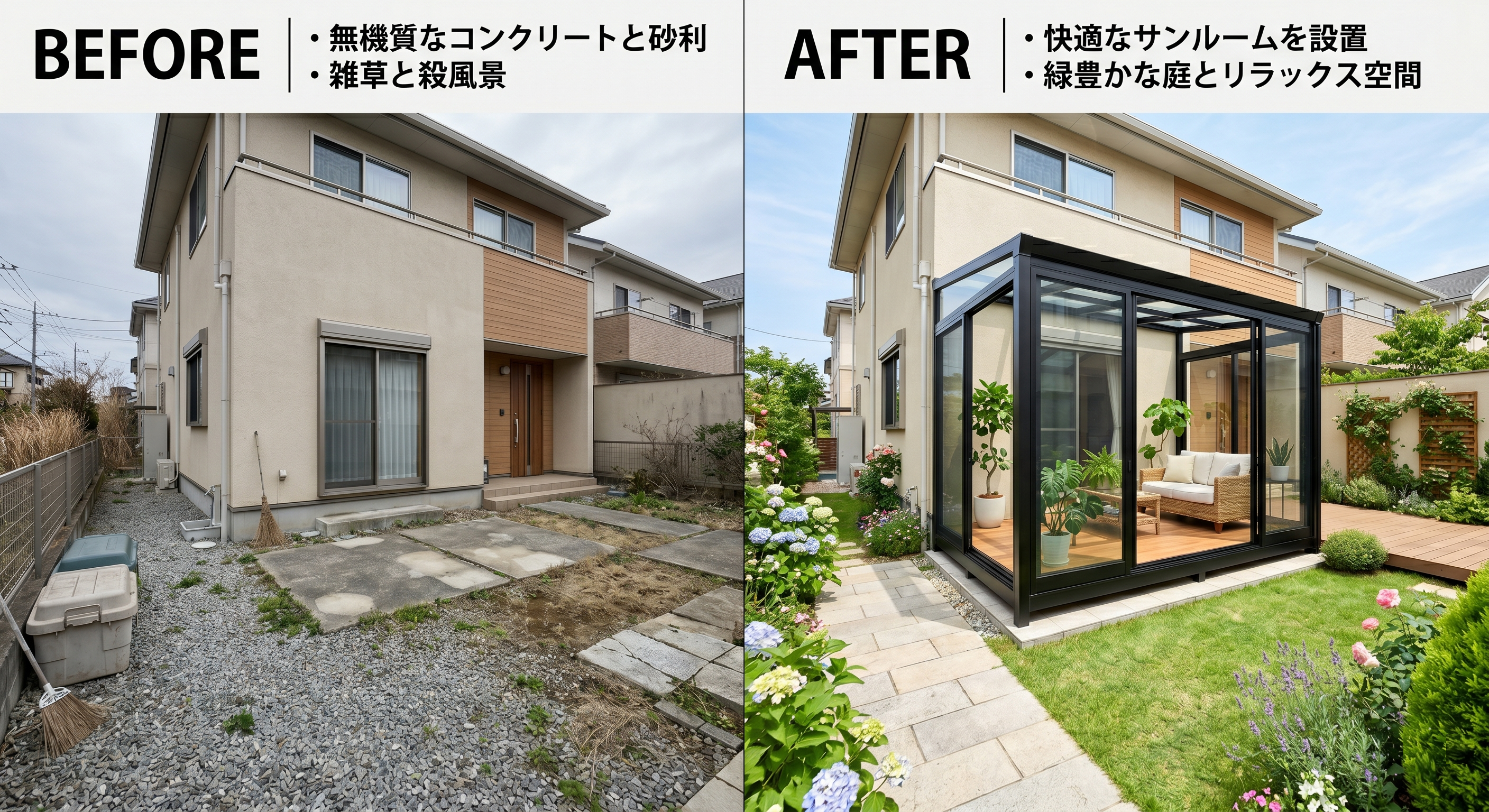施工事例：サンルームで変わったお庭の風景