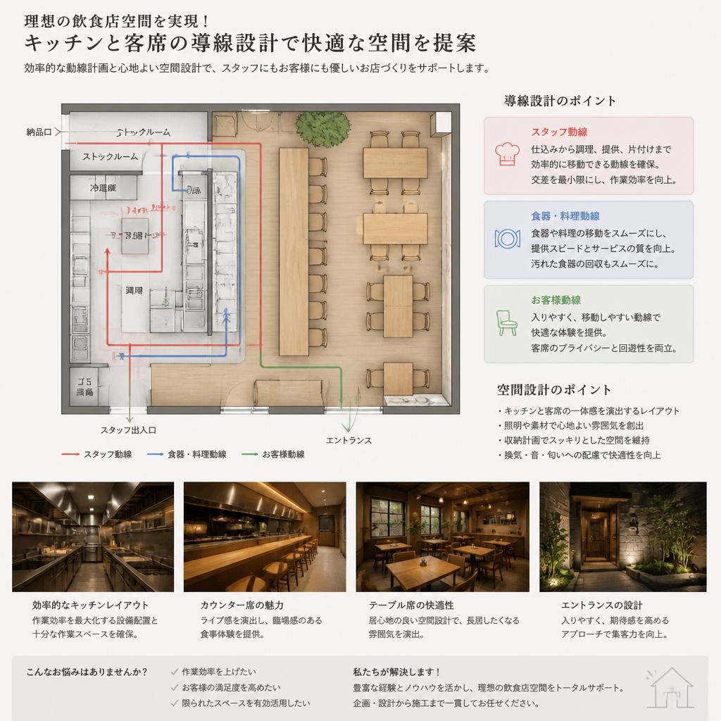 理想の飲食店空間を実現！キッチンと客席の導線設計で快適な空間を提案